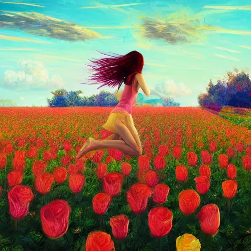 Image similar to giant rose flower head, full body girl running through a flower field, surreal photography, sunrise, dramatic light, impressionist painting, colorful clouds, digital painting, artstation, simon stalenhag