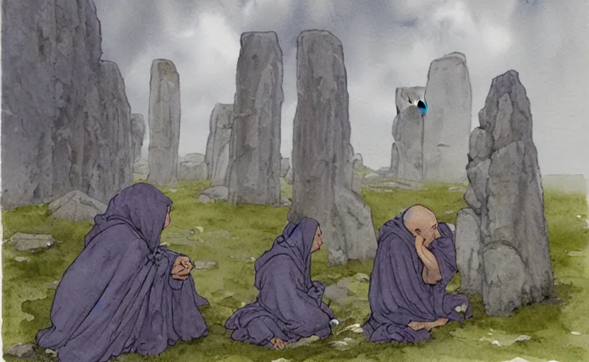 Image similar to a realistic and atmospheric watercolor fantasy concept art of giant monk in grey robes sitting in stonehenge. in the foreground a small female medieval monk in grey robes is kneeling with her hands by her sides. by rebecca guay, michael kaluta, charles vess