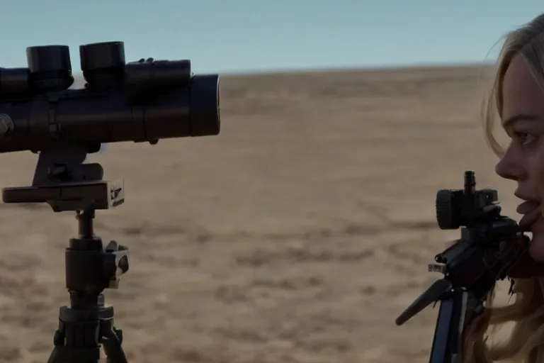 Prompt: margot robbie in the american sniper, closeup action shot, looking into the scope, cinematic