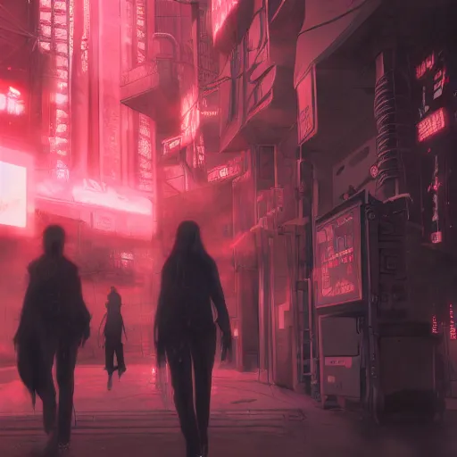 Image similar to anime isis, 3 5 mm film still, wired landscape, cyberpunk, volumetric lighting, photo realistic, digital art, anime background, red colour palette, very detailed faces