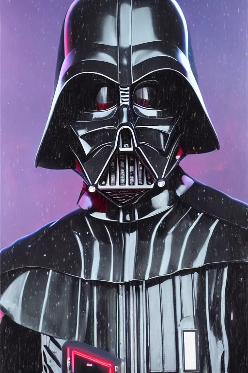 Image similar to detailed portrait of a Darth Vader Santa hybrid with compound eyes, strong neon lighting, raining, mysterious, mirror shades, by glenn fabry, hyper realistic, HD, oil on canvas