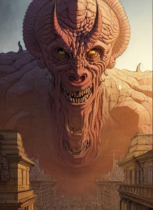 Prompt: masterpiece concept art, levitrial the ancient demon god, by geoff darrow and greg rutkowski and greg darrow, 8 k, intricate detail, cinematic lighting