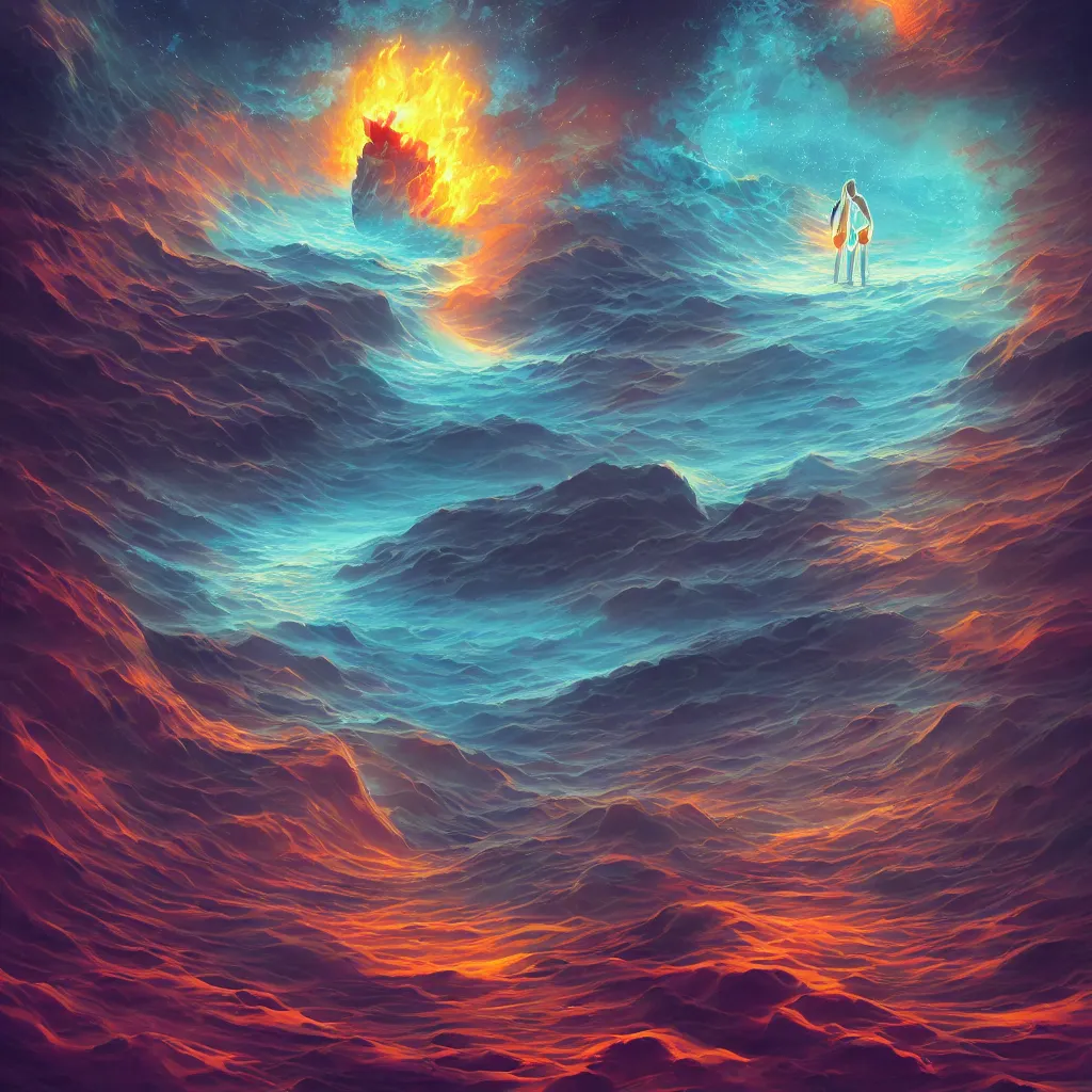 Image similar to Elemental colorful pixar moongate, digital matte black paper art pastiche by Moebius and by Cyril Rolando, Beautiful epic night fire seascape, pastiche by Moebius, Cyril Rolando, Shawn Coss, Junji Ito, and Roger Dean