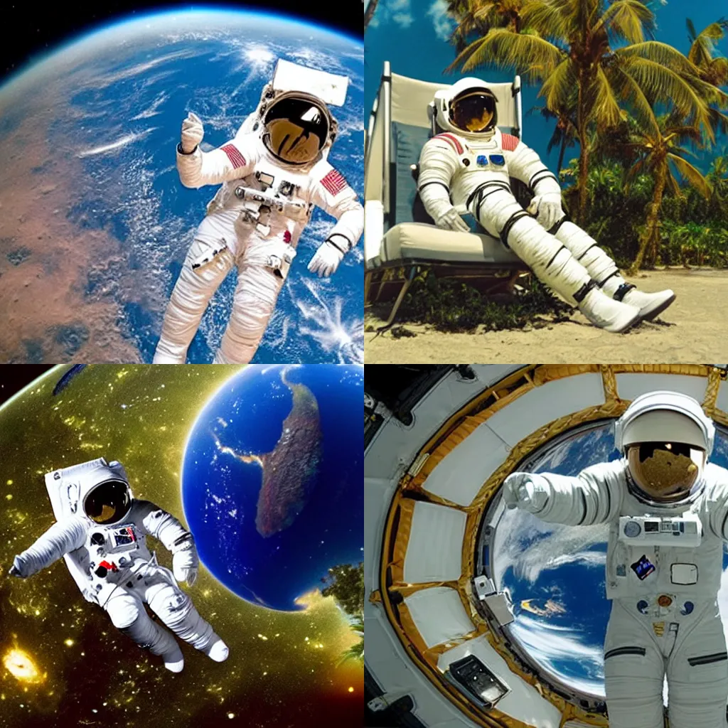 Prompt: an astronaut lounging in a tropical resort in space, nasa footage