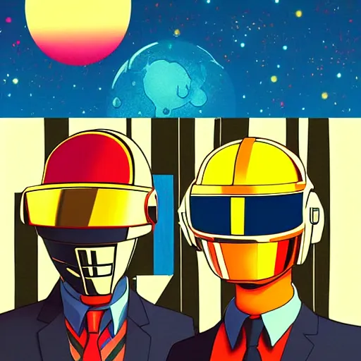 Image similar to daft punk, studio ghibli art, animated, colorfuk