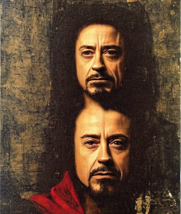 Prompt: oil painting half-lenght portrait of Robert Downey Jr by Leonardo da Vinci