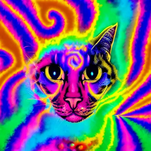 Image similar to psychedelic Lisa frank psychic cat overtaking the world which begins to shatter all around it as it opens its third eye for the first time chromatic aberration in the rising pieces of the crumbling earth