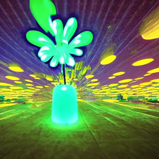 Prompt: glowing flower blooming at twilight, glow, wide-angle lens,, glowing neon, unreal engine, cinema 4d, cryengine