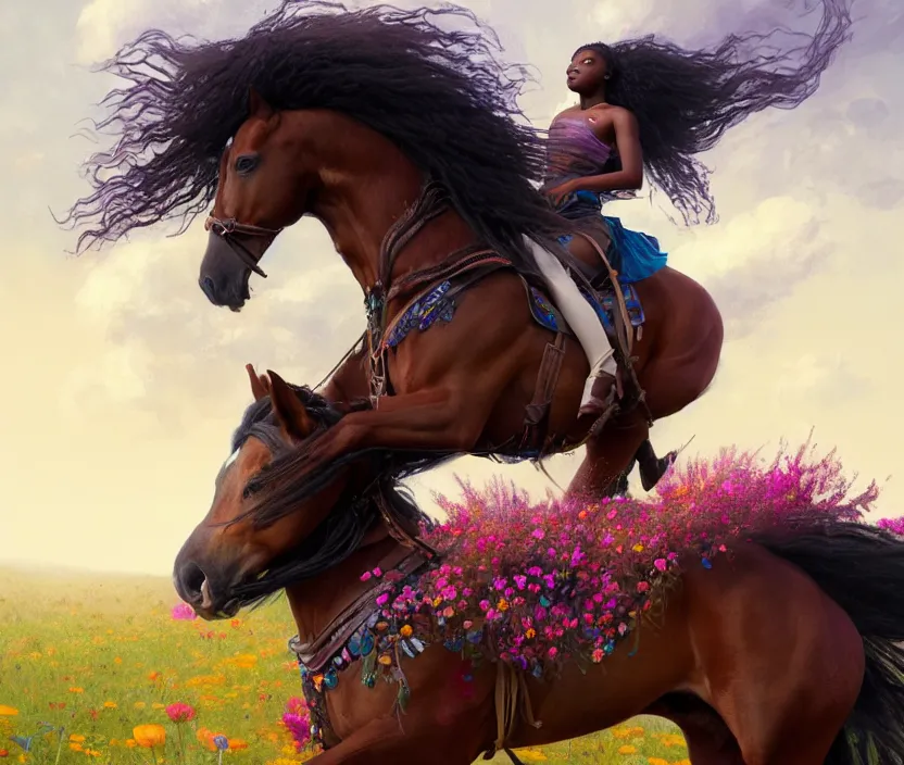 Image similar to full body portrait of young black woman riding a horse, flowing dreads, beautiful clydesdale, field of colorful flowers, highly detailed, digital painting, artstation, concept art, smooth, sharp focus, illustration, face by wlop, illustrated by mars ravelo and greg rutkowski