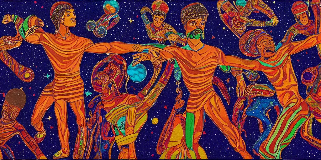 Image similar to an abstract space station background, a multiracial greek god dancing, clear eyes. 2 4 mm, photorealistic, muted color scheme, directed by mati klarwein