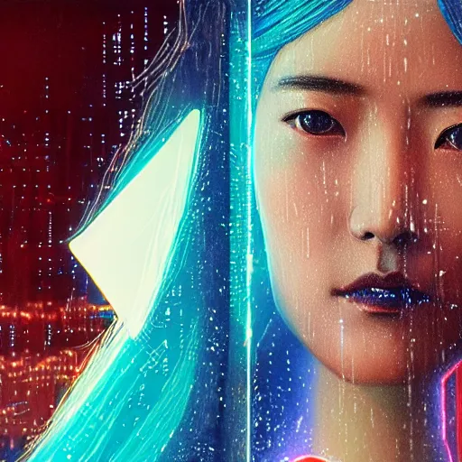 Image similar to a film still of jun ji hyun as joi hologram in bladerunner 2 0 4 9 in the rain with blue hair, cute - fine - face, pretty face, cyberpunk art by sim sa - jeong, cgsociety, synchromism, detailed painting, glowing neon, digital illustration, perfect face, extremely fine details, realistic shaded lighting, dynamic colorful background