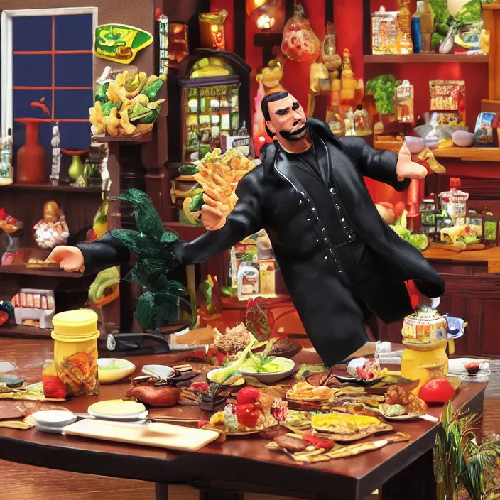 Prompt: detailed figure of steven seagal from asian connection flipping a table of food, first 4 figures, detailed product photo