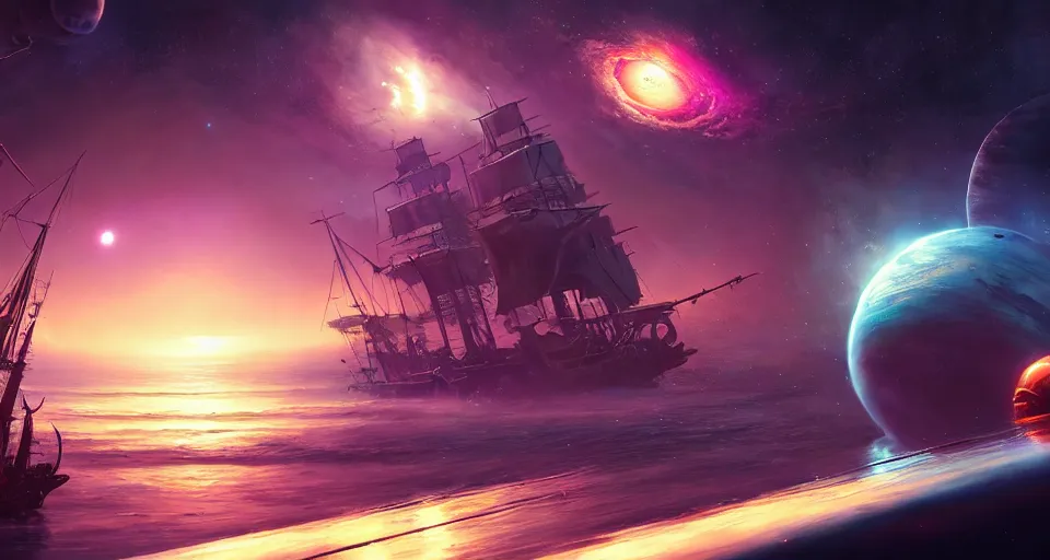 Prompt: pirate ship in space with a planet in the background, cosmic, nebula, intricate, highly detailed, oil painting, artstation, concept art, ethereal, unreal engine 5, 8 k, by stephan martiniere and liam wong and alphonse mucha