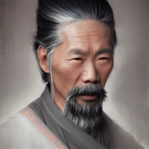 Image similar to portrait painting of a 6 0 year old kind handsome chinese taoist priest, like liangchao wei, silver ponytail hair, amiable by wenjun lin, irakli nadar, bright colors, octopath traveler, wenjun lin, unreal engine 5 highly rendered, global illumination, radiant light, detailed and intricate environment