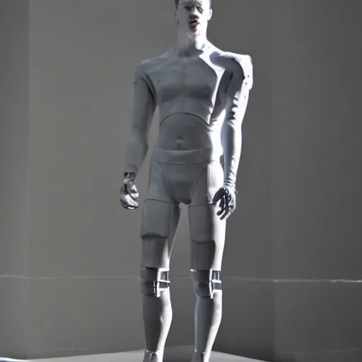 Image similar to a realistic detailed photo of a guy who is an attractive humanoid who is half robot and half humanoid, who is a male android, football player christian mccaffrey, shiny skin, posing like a statue, blank stare, at the museum, on display