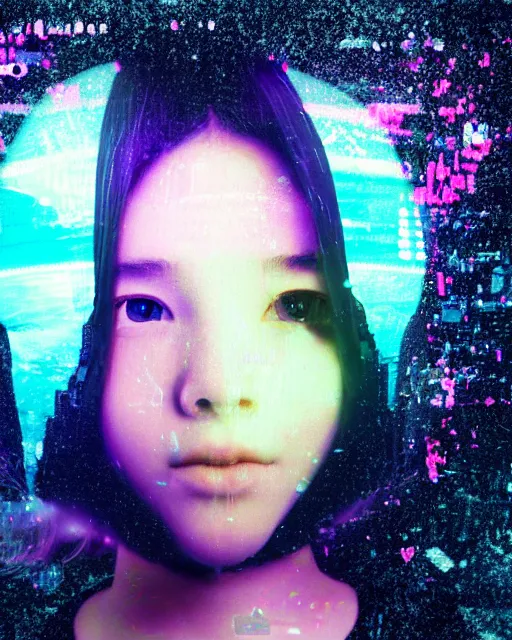 Image similar to A broken monitor with a calm AI girl's face on it. Very very very strong glitches on the monitor. The face is blurry with glitches. Extremely high detail, glitchcore, glitches, glitch, synthwave, cyberpunk, vaporwave, 8k render