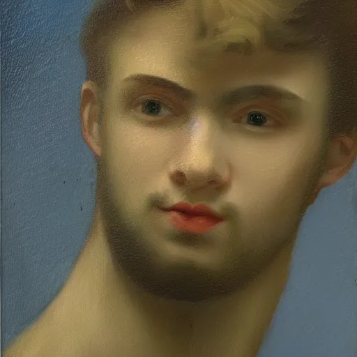 Prompt: portrait painting of young man, in the style of Sergeant and Bouguereau, masterpiece, texture, dark background, blue