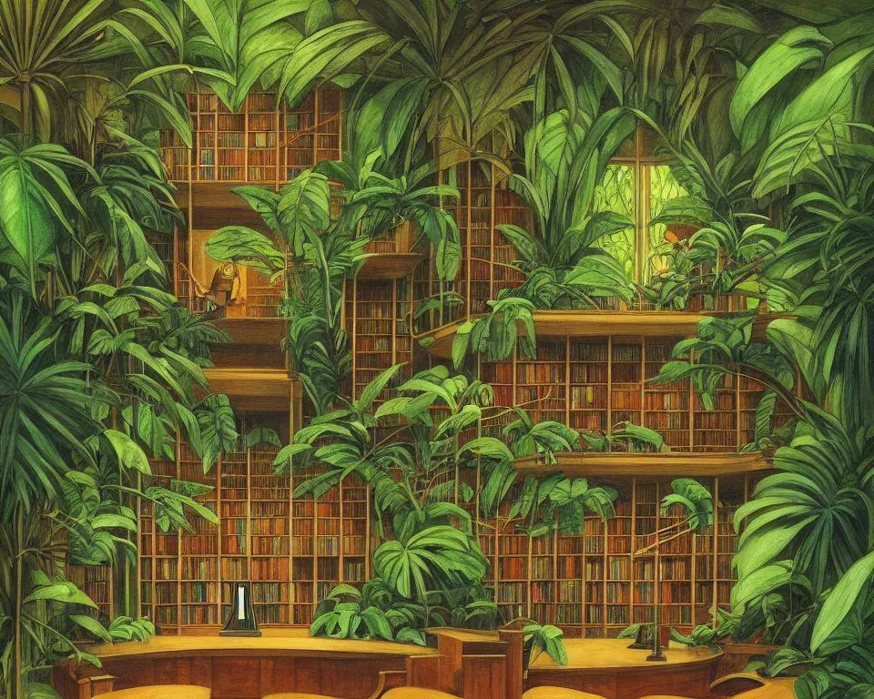 Prompt: a law library in the rainforest by hopper. hyperdetailed, proportional, romantic, enchanting, achingly beautiful, graphic print, trending on artstation, jungle, tropical, foliage