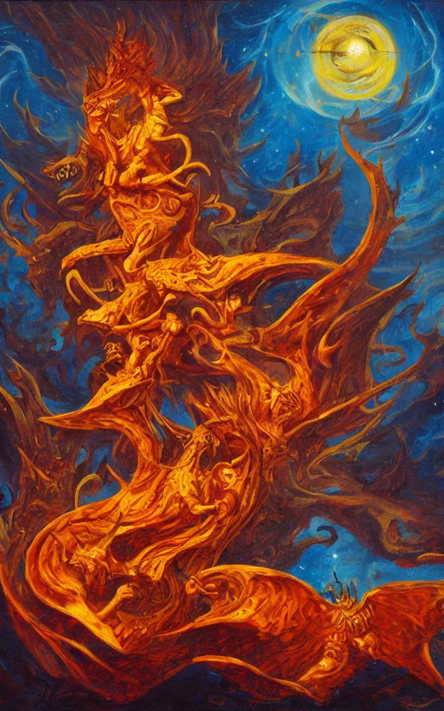 Prompt: moloch of the amber mythos fallen celestial spirit, award winning oil painting, sharp color palette