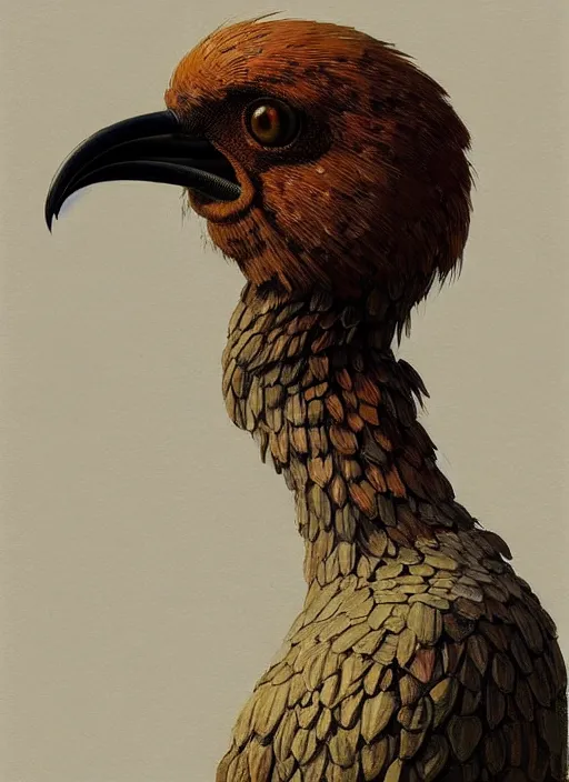 Prompt: rpg! profile! portrait of humanoid bird on white background, beak, feathers, fungus, intricate, highly detailed, digital painting, artstation, concept art, smooth, sharp focus, illustration, art by norman rockwell emiliano ponzi andrey remnev yoann lossel aaron jasinski, 8 k