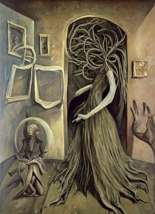 Image similar to oil painting highly detailed surreal ghosts with no faces, remedios varo