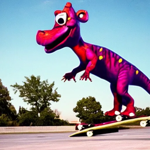 Image similar to photo of barney the dinosaur skateboarding