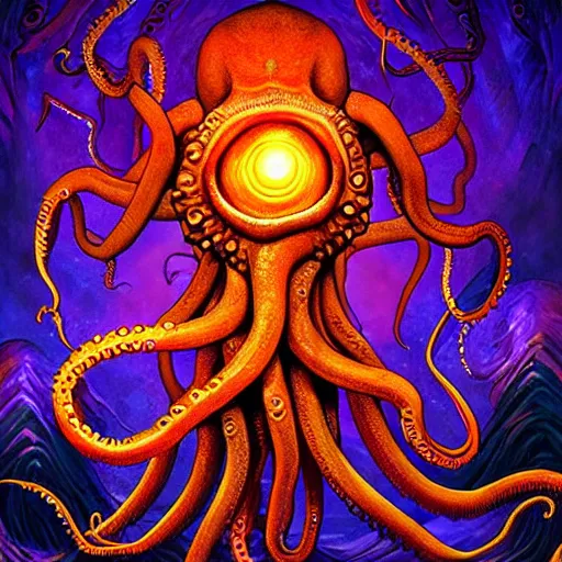 Prompt: Lovecraft Mythos Eldritch Octopus, 4D game fanart CGSociety by Dan Mumford, by Josephine Wall, Dan Witz and Lois van baarle, ilya kuvshinov, rossdraws global illumination, cosmic infused background