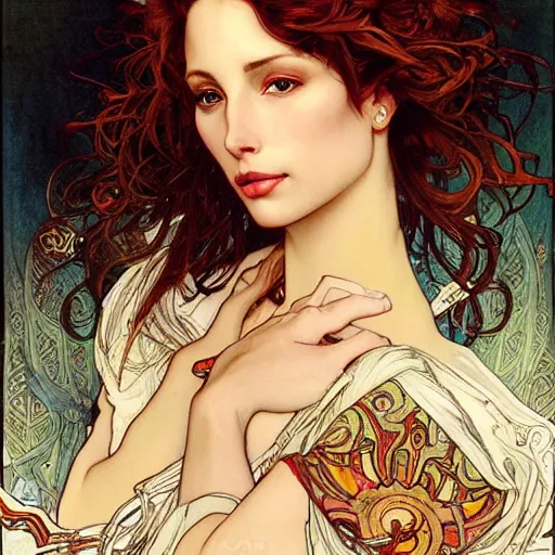 Prompt: realistic detailed face portrait of Christy Turlington by Alphonse Mucha, Ayami Kojima, Amano, Charlie Bowater, Karol Bak, Greg Hildebrandt, Jean Delville, and Mark Brooks, Art Nouveau, Neo-Gothic, gothic, rich deep moody colors