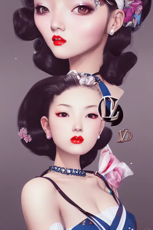 Image similar to a pin up and beautiful fashion and charming and dreamlke japan girl with lv jewelry, art by artgerm & jeehyung lee & wlop, hyperdetailed, 8 k realistic, symmetrical, frostbite 3 engine, cryengine, dof, trending on artstation, digital art, lv, dior