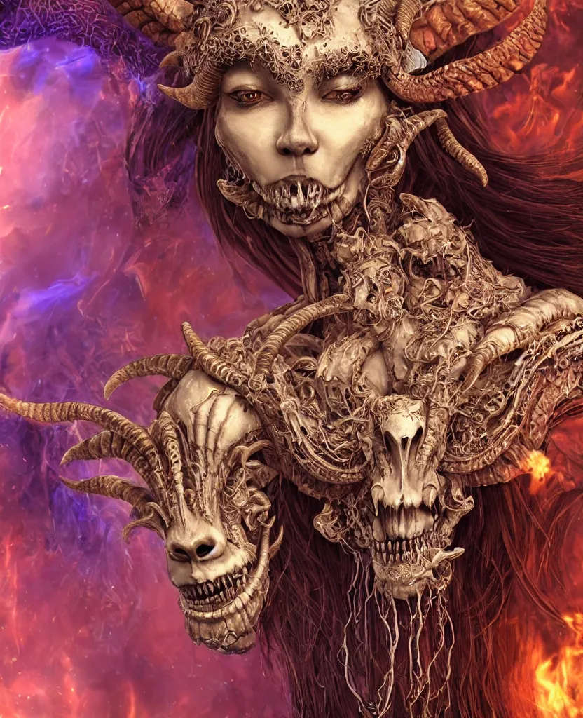 Image similar to close-up macro portrait of the face of a beautiful princess with ram goat satan mask, epic angle and pose, ribcage skeleton symmetrical artwork, 3d with depth of field, blurred background, cybernetic jellyfish female face phoenix bird, translucent, nautilus, energy flows of water and fire. a highly detailed epic cinematic concept art CG render. made in Maya, Blender and Photoshop, octane render, excellent composition, cinematic dystopian brutalist atmosphere, dynamic dramatic cinematic lighting, aesthetic, very inspirational, arthouse. y Greg Rutkowski, Ilya Kuvshinov, WLOP, Stanley Artgerm Lau, Ruan Jia and Fenghua Zhong