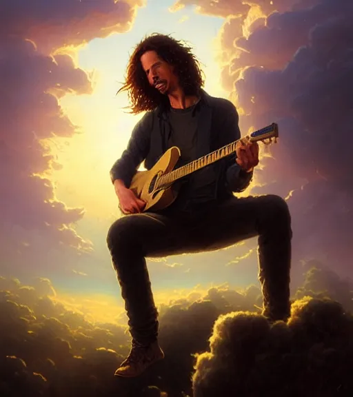 Image similar to highly detailed portrait of chris cornell playing a guitar, sitting in the clouds of heaven, stephen bliss, unreal engine, fantasy art by greg rutkowski, loish, rhads, ferdinand knab, makoto shinkai and lois van baarle, ilya kuvshinov, rossdraws, tom bagshaw, global illumination, radiant light, detailed and intricate environment