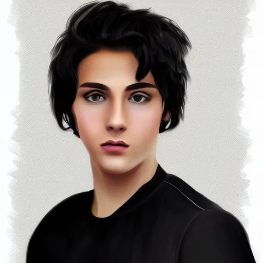 Prompt: a digital portrait of a 19 year old with black hair,hazel green eyes, drawn in the style of mark Arian