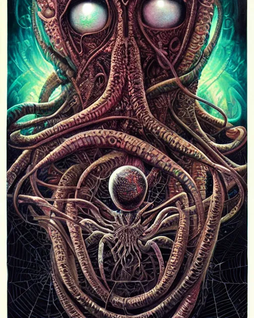 Image similar to cosmic lovecraft giger fractal spider portrait, pixar style, by tristan eaton stanley artgerm and tom bagshaw.