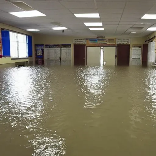 Prompt: photo of a middle school classroom, the floor is flooded with one meter deep water. eerie