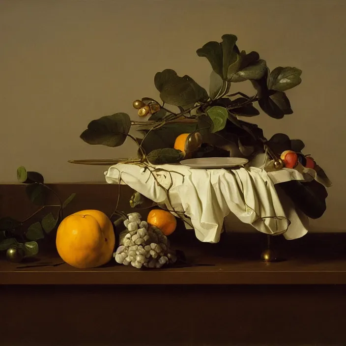 Image similar to still life painting of macintosh ii and greenery by pieter claesz, oil on canvas, strong lighting, highly detailed, hyper realism, golden hour, god rays, hd, 4 k