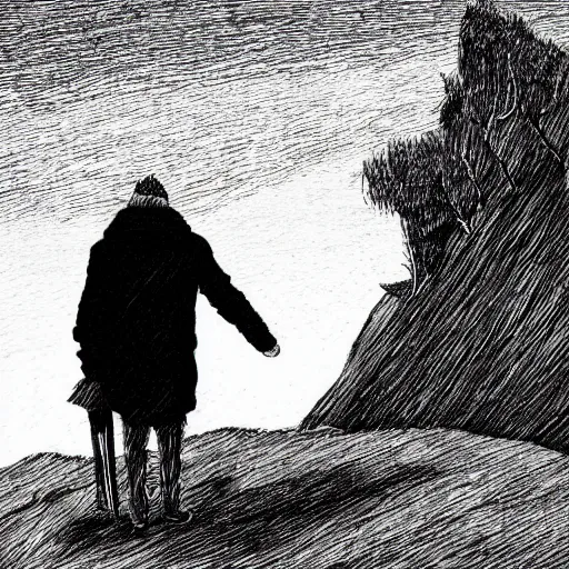 Prompt: a black and white cross - hatching edward gorey illustration of a man in old fashioned clothes waits by the side of the dark and lonely mountain road with his suitcase, stormy night time in the mountains highly detailed in the style of edward gorey, artgerm, 8 k resolution - c 5