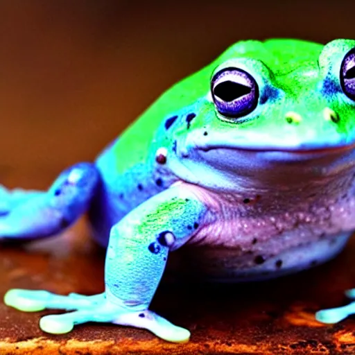 Image similar to a crying blue frog, tear in eyes, sad face