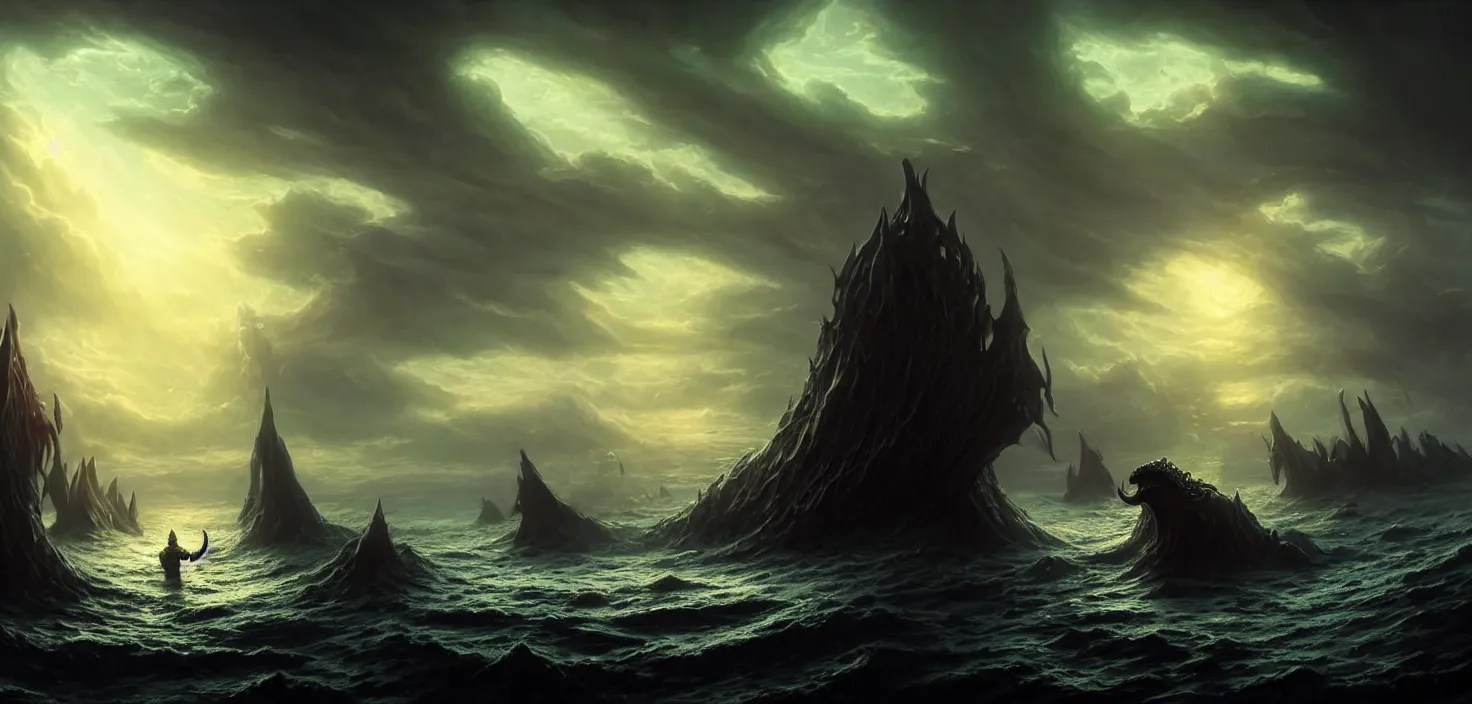 Prompt: dark fantasy scene showing cthulhu the giant sea monster destroying ships, cinematic view, epic sky, detailed, concept art, low angle, high detail, warm lighting, volumetric, godrays, vivid, beautiful, trending on artstation, by jordan grimmer, huge scene, grass, art greg rutkowski