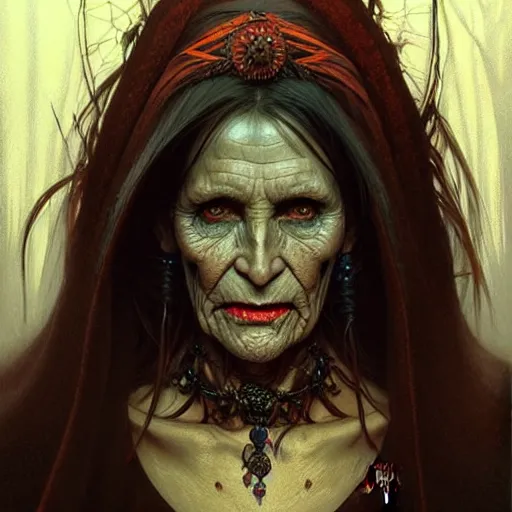 Image similar to portrait of a baba yaga, dark, piercing eyes, gentle expression, witchy clothing, photorealistic, highly detailed, artstation, smooth, sharp focus, art by michael whelan, artgerm, greg rutkowski and alphonse mucha