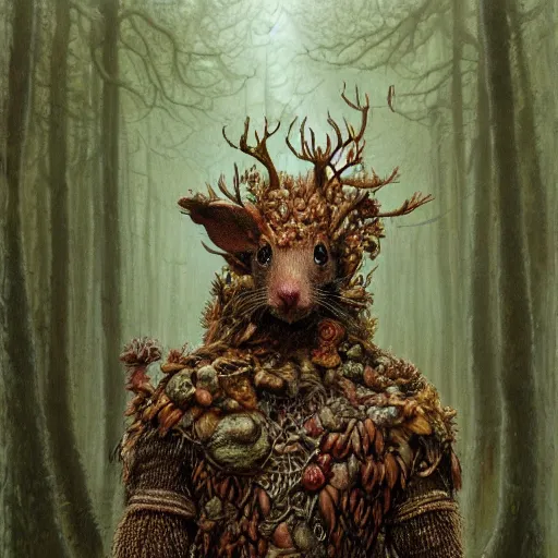 Image similar to detailed realistic body portrait of a ratfolk druid in wooden armor, covered in fungus and mushrooms, decayed plant matter, leaves, by Gerald Brom and Alan Lee, ArtStation