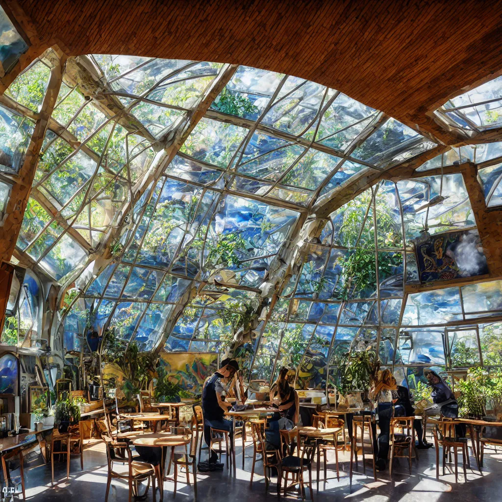 Prompt: inside luxurious earthship cafe with sunken lounge and indoor garden with skylights, friendly barista, and artist painting an alex grey mural on the wall, clean and simple composition, golden ratio, rule of thirds, XF IQ4, 150MP, 50mm, F1.4, ISO 200, 1/160s, dawn