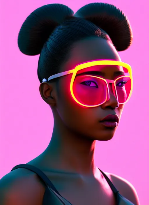 Prompt: attractive female portrait of african samurai, wearing neon shades, wearing gui, amber sky cloud background, rule of thirds, uplight, intricate, symmetrical!!, depth of field, cinematic, filmic, vsco, concept art, artstation, digital painting, elegant, epic, focus, octane render, vray render, arnold render,