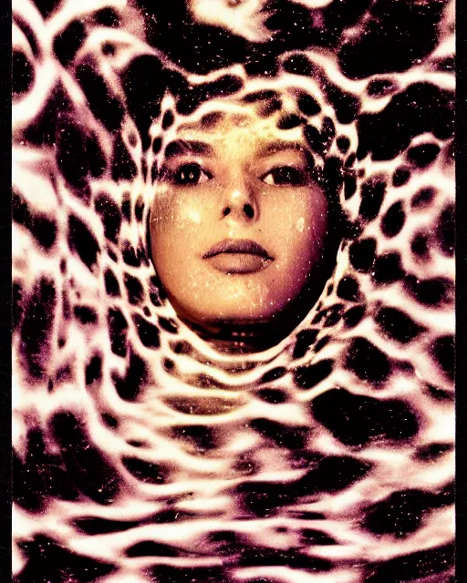 Image similar to oversaturated, burned, light leak, expired film, photo of a woman's serene face submerged in a flowery milkbath, rippling liquid, vintage glow, sun rays, black and white, glitched pattern, 1 9 7 0 s newspaper advertisement