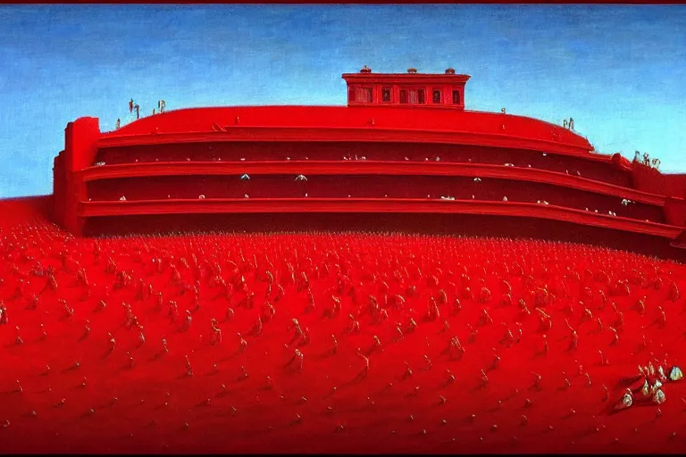 Image similar to only with red, a red great emperor, taormina amphitheatre, crowd with big smile, in the style of beksinski, parts by edward hopper, parts by rodcenko, parts by yue minjun, intricate and epic composition, red by caravaggio, insanely quality, highly detailed, masterpiece, red light, artstation, 4 k