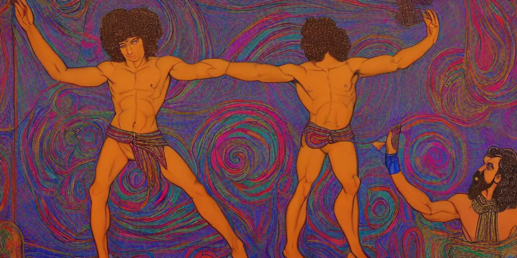 Prompt: an abstract spiritual background, a gay greek god dancing, clear eyes. 2 4 mm, photorealistic, muted color scheme, directed by mati klarwein