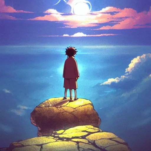 Prompt: Image from afar, man looking from the top of a large rock cliff, the sea hits the large stones hard, the clouds let through subtle rays of light, art by Hayao Miyazaki, whimsical, anime, children's illustration