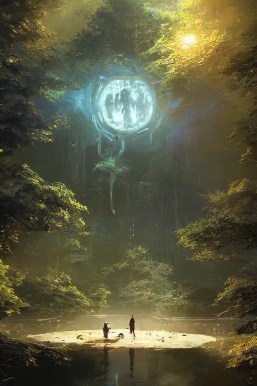 Image similar to magnificent clean and well-lit sci-fi orb by a river and forest, intricate, elegant, volumetric lighting, digital painting, highly detailed, artstation, sharp focus, sunny day, utopia, open space, illustration, concept art, ruan jia, steve mccurry