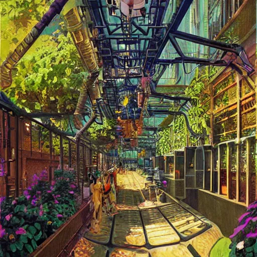 Prompt: steampunk walkway garden geometric hyper realism airbush digital art detailed by john berkey, paul lehr, syd mead, m. c. escher, james christensen, wlop, artgerm, frank gehry