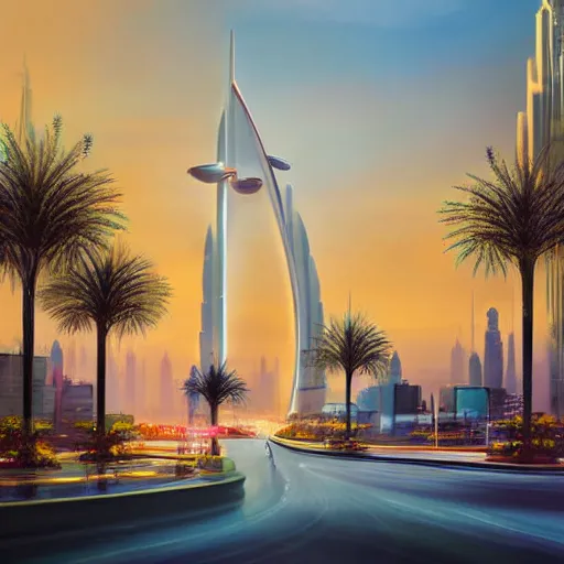 Image similar to most advanced Dubai city dramatic lighting detailed straight lines and elegant curves beautiful sunset road network vegetation water lights birds clouds proportional symmetrical minimalism photorealistic sky render octane architecture design planning oil painting Edward hooper