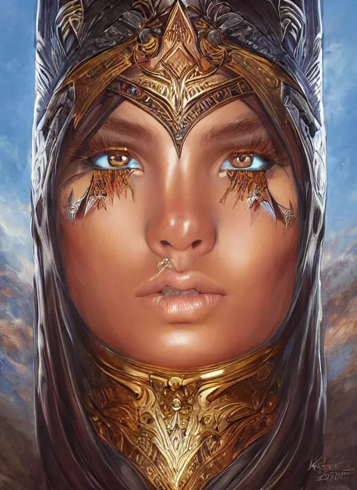 Image similar to a highly detailed symmetrical painting of a female amazon warrior with piercing beautiful eyes, dark tomb setting, dynamic lighting, ambient lighting, deviantart, art by artgerm and karol bak and mark brooks